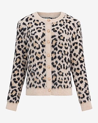 Leopard Wool-Blend Crew Neck Novelty Button Cardigan