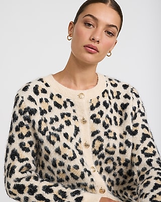 Leopard Wool-Blend Crew Neck Novelty Button Cardigan