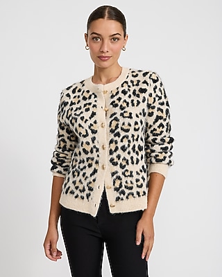 Leopard Wool-Blend Crew Neck Novelty Button Cardigan