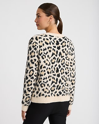 Leopard Wool-Blend Crew Neck Novelty Button Cardigan