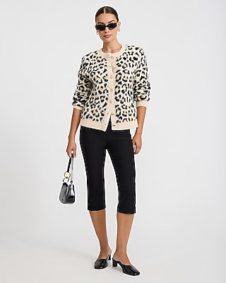 Leopard Wool-Blend Crew Neck Novelty Button Cardigan