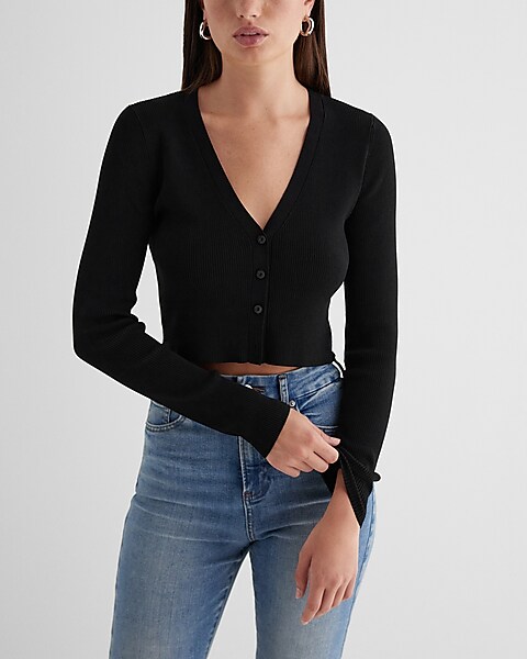 Ribbed Cropped Cardigan with V-Neckline