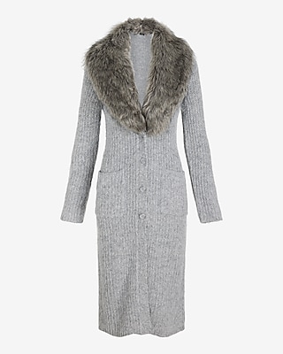 Fuzzy Knit Faux Fur Collar Duster Cardigan