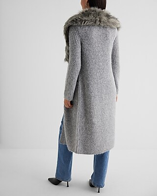 Fuzzy Knit Faux Fur Collar Duster Cardigan