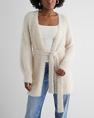 Faux Fur Sequin Balloon Sleeve Belted Cardigan