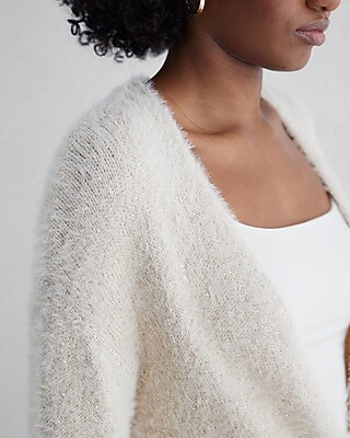 Faux Fur Sequin Balloon Sleeve Belted Cardigan