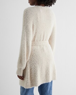 Faux Fur Sequin Balloon Sleeve Belted Cardigan