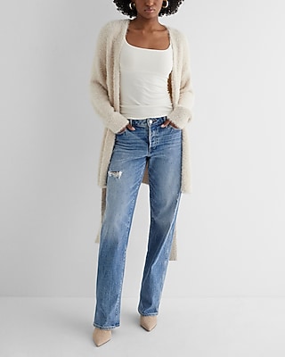 Faux Fur Sequin Balloon Sleeve Belted Cardigan