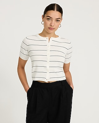 Striped Crew Neck Short Sleeve Cardigan