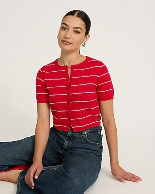 Striped Crew Neck Short Sleeve Cardigan - image 4