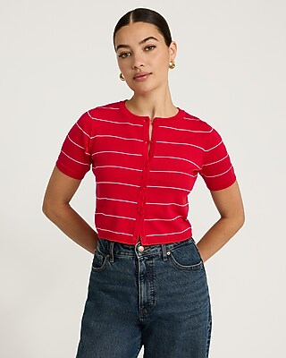 Striped Crew Neck Short Sleeve Cardigan - image 5