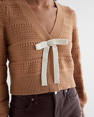 Textured V-Neck Bow Cardigan - image 2