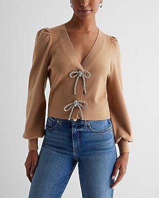 V-Neck Embellished Bow Cardigan