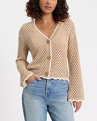 Tipped Open Stitch V-Neck Cardigan