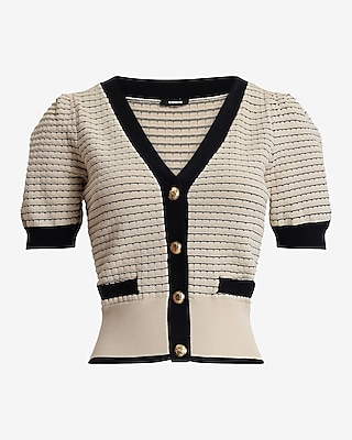 Textured Tipped Novelty Button Short Sleeve Cardigan