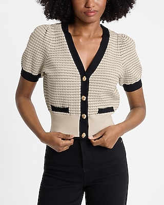 Textured Tipped Novelty Button Short Sleeve Cardigan