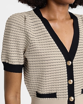 Textured Tipped Novelty Button Short Sleeve Cardigan