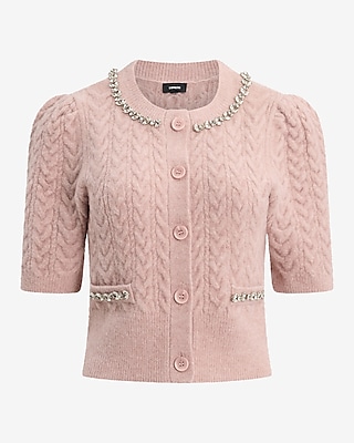 Embellished Cable Knit Short Sleeve Cardigan