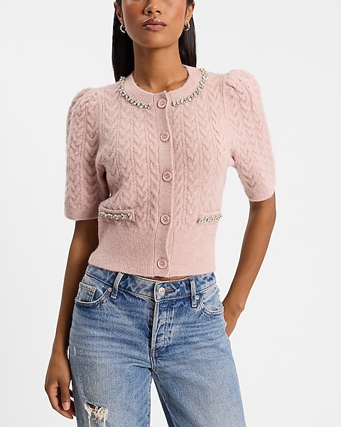 Embellished Cable Knit Short Sleeve Cardigan | Express Embellished Cable Knit Short Sleeve Cardigan | Express