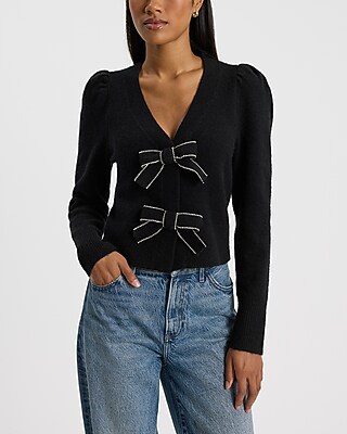 Embellished Bow V-Neck Cardigan - image 2