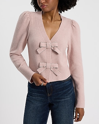 Embellished Bow V-Neck Cardigan