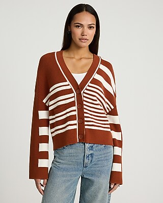 Relaxed Striped V-Neck Cardigan - thumbnail 8