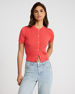 Textured Crew Neck Short Sleeve Cardigan