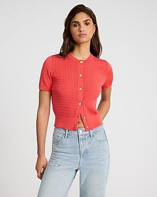Textured Crew Neck Short Sleeve Cardigan
