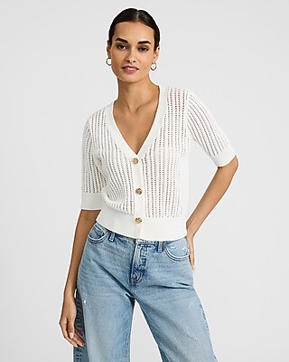 Rose Button Open Stitch Short Sleeve Cardigan