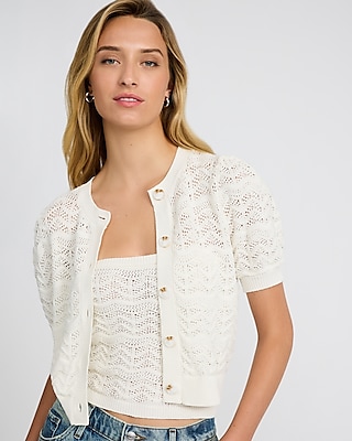 Pointelle Crochet Short Sleeve Cardigan