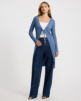 Lightweight Ribbed Tie Front Long Cardigan