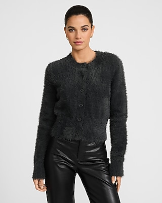 Fuzzy Brushed Crew Neck Cardigan
