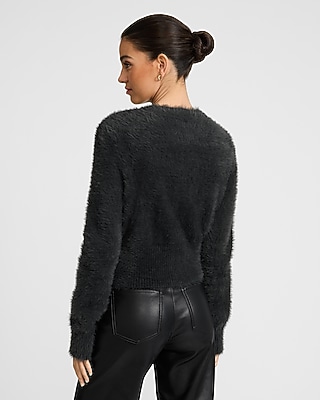 Fuzzy Brushed Crew Neck Cardigan