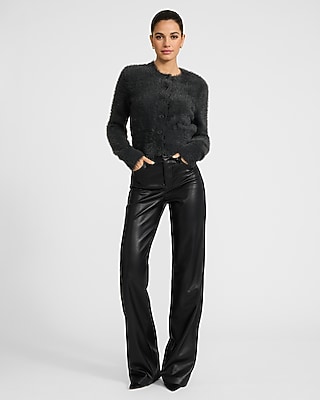 Fuzzy Brushed Crew Neck Cardigan