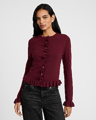 Crew Neck Ruffle Cardigan | Express