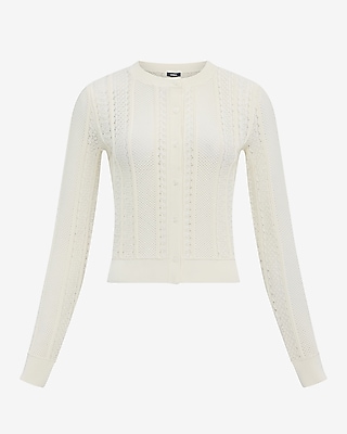 Pointelle Crew Neck Long Sleeve Cardigan