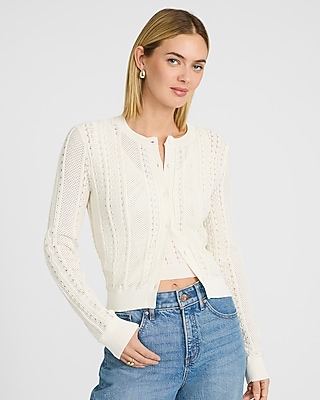 Pointelle Crew Neck Long Sleeve Cardigan