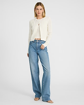 Pointelle Crew Neck Long Sleeve Cardigan