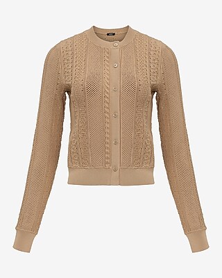 Pointelle Crew Neck Long Sleeve Cardigan in Ivory - image 4
