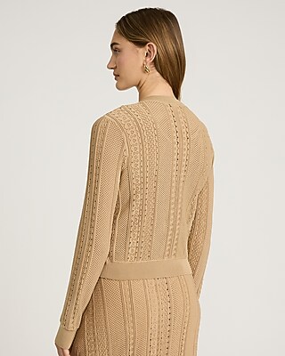 Pointelle Crew Neck Long Sleeve Cardigan in Ivory - image 3