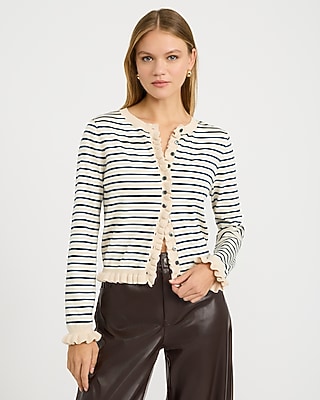 Striped Ruffle Trim Crew Neck Cardigan