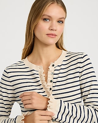 Striped Ruffle Trim Crew Neck Cardigan