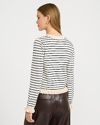 Striped Ruffle Trim Crew Neck Cardigan
