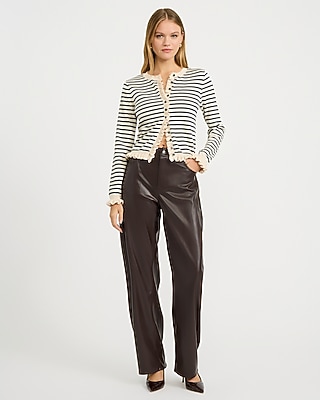 Striped Ruffle Trim Crew Neck Cardigan