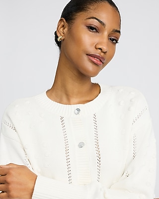 Cotton Crew Neck Pom Cardigan