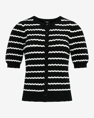 Striped Pointelle Crew Neck Short Sleeve Cardigan