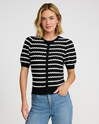 Striped Pointelle Crew Neck Short Sleeve Cardigan