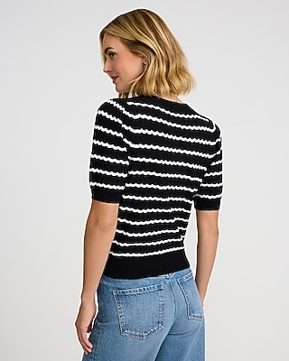 Striped Pointelle Crew Neck Short Sleeve Cardigan