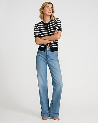 Striped Pointelle Crew Neck Short Sleeve Cardigan