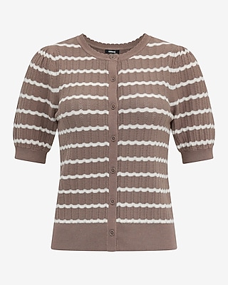 Striped Pointelle Crew Neck Short Sleeve Cardigan